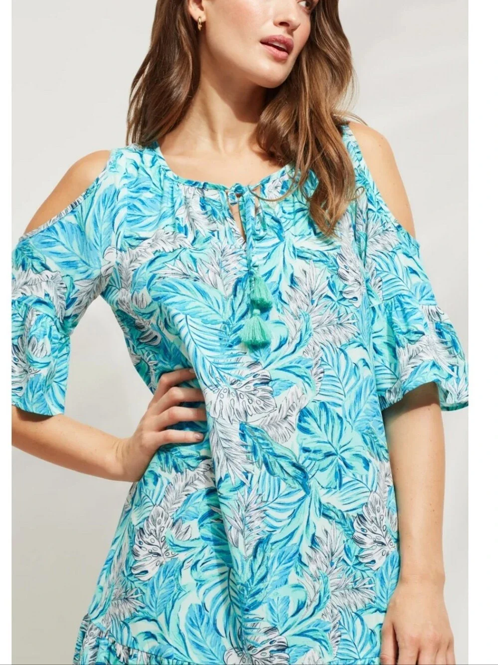 🔥Caribbean Joe Tropical Blue Leaf Cold-Shoulder Sundress Size Medium 100% Rayon - Picture 3 of 8